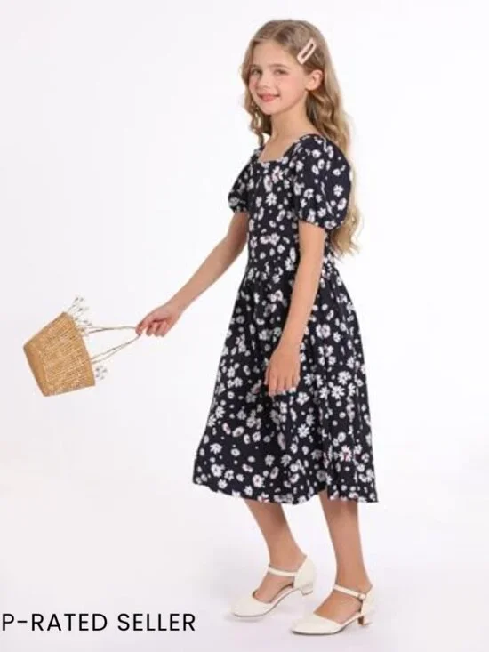 Puff Sleeve Floral Midi Dress Boho Chic Spring Summer Zipper Casual Elegant - Picture 4 of 7